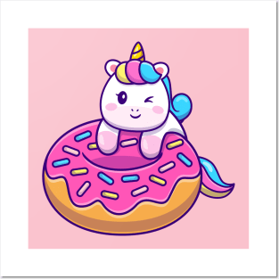 Cute Unicorn With Doughnut Cartoon (2) Posters and Art